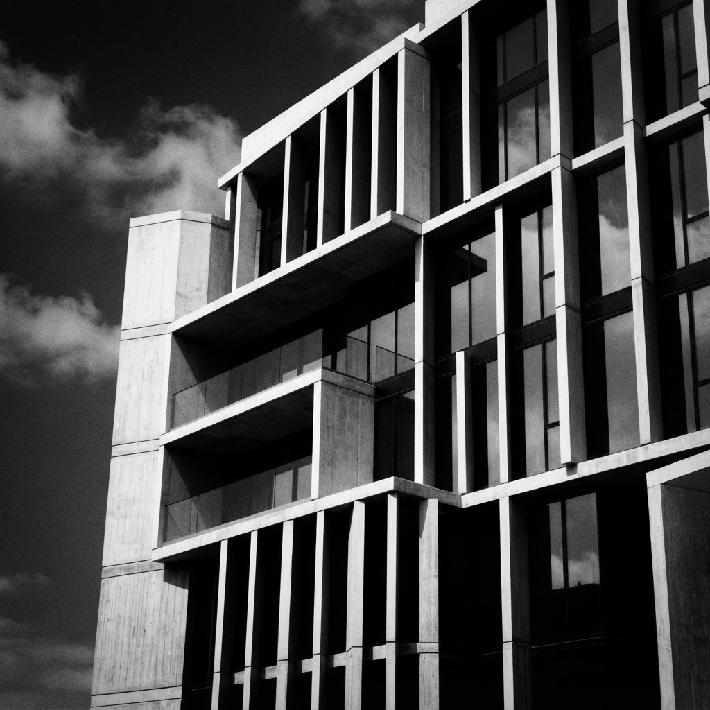 Fachada de arquitetura contemporânea em preto e branco, com linhas estruturais em concreto e vidro